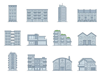 Fototapeta premium A collection of various building facades and house designs in a simple line style