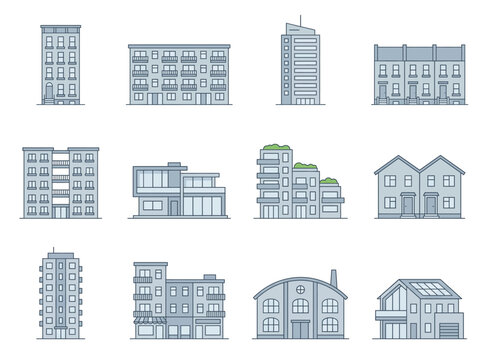 A collection of various building facades and house designs in a simple line style