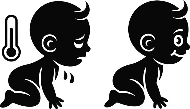 Baby silhouettes depict the contrast between a sick, feverish child and a healthy, happy infant crawling on a clean white background to show recovery progress.