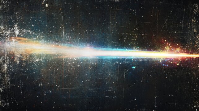Dark grainy abstract backdrop with dynamic light effects, wide bright white rainbow-hued streak crossing the frame, scattered blurred blue and yellow light patches, full distressed texture