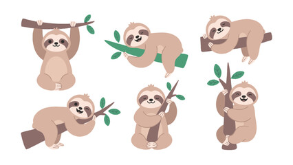 Fototapeta premium Cute Cartoon Sloth Character Set in Relaxing Poses