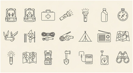 Fototapeta premium Camping and outdoor adventure equipment icons for exploration and survival.