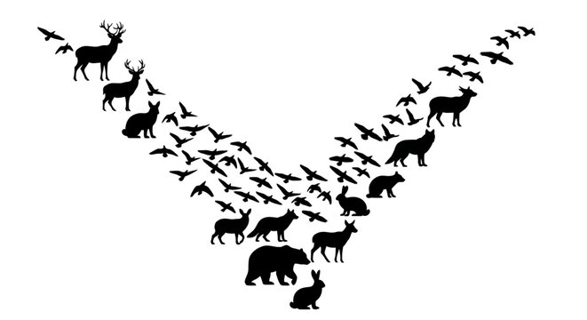 Variety of animals in formation flight.