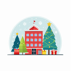 Fototapeta premium Festive red building with Christmas trees and gifts vector illustration