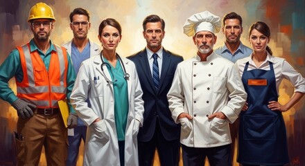 Obraz premium Oil Painting of a Diverse Group of Professionals in Work Uniforms Generative AI