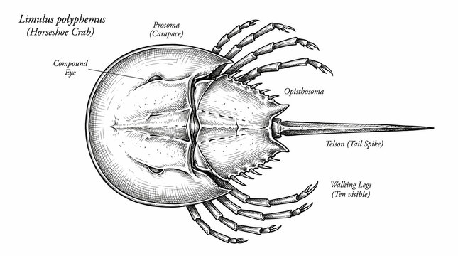 Detailed anatomical illustration of horseshoe crab dorsal view with labeled parts