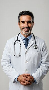 Portrait of a confident, smiling mature male doctor with a stethoscope wearing a white lab coat, standing with hands clasped isolated on a light background.
