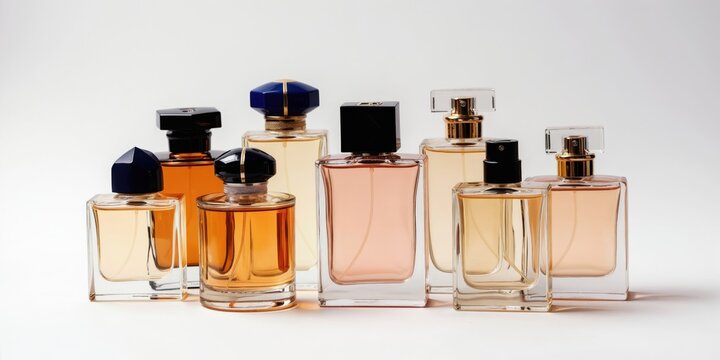 Assorted perfume bottles displayed on light background. Elegant fragrance collection shows diversity in beauty and luxury scents. Variety of cosmetic glass containers with aromatic liquid.