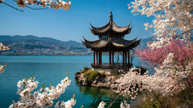 A traditional structure stands by the water surrounded by cherry blossoms in an Asian city during spring. People enjoy the view and nature