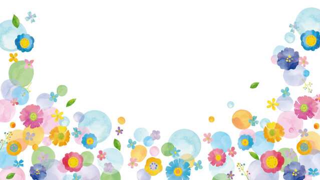 水彩風 花と花びらと葉っぱ優しいふわふわドットフレーム Happy Series:Watercolor-style flowers, petals, and leaves in a soft, fluffy dot frame