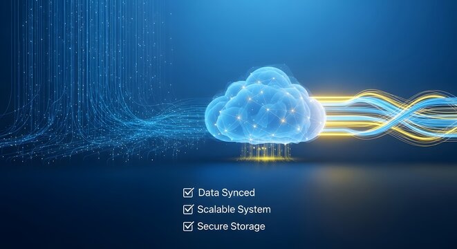 Cloud computing symbol floats above a digital matrix representing data synchronization and scalable storage infrastructure.