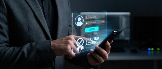 Secure digital authentication event office setting action focus technology environment close-up view access management concept for enhanced cybersecurity