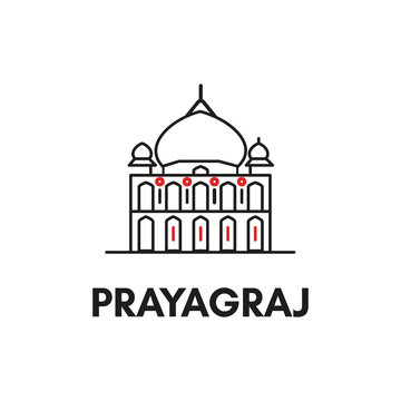 Minimalist temple illustration representing prayagraj, blending heritage architecture with modern clean line design aesthetics style.