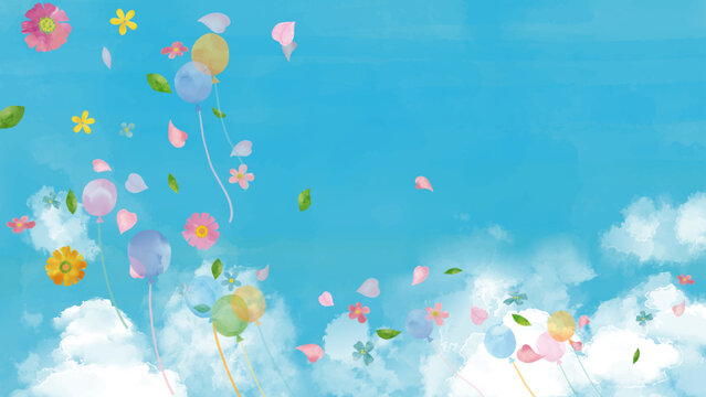 水彩風 花と花びらと葉っぱが舞う（背景青空） Happy Series:Watercolor-style painting of flowers, petals, and leaves fluttering in the wind (blue sky background)