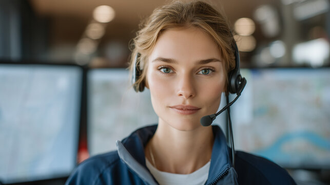 Female logistics dispatcher wearing headset at multi-screen workstation coordinating drivers across city map overlay, delivery driver support operations, dispatch dignity and professionalism, transp