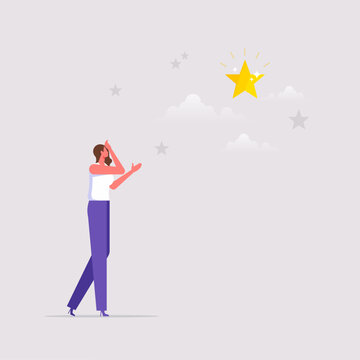 Reaching goal or finish mission concept, achieve goal or success, career growth, businesswoman looking and effort to reach the star, symbolizing success