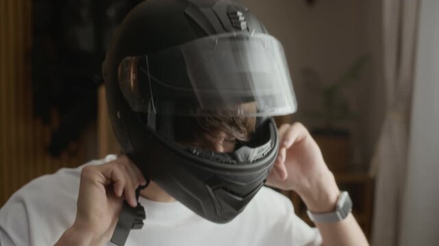 Young adult man in wheelchair putting on moto helmet and thinking about old days, reminiscing