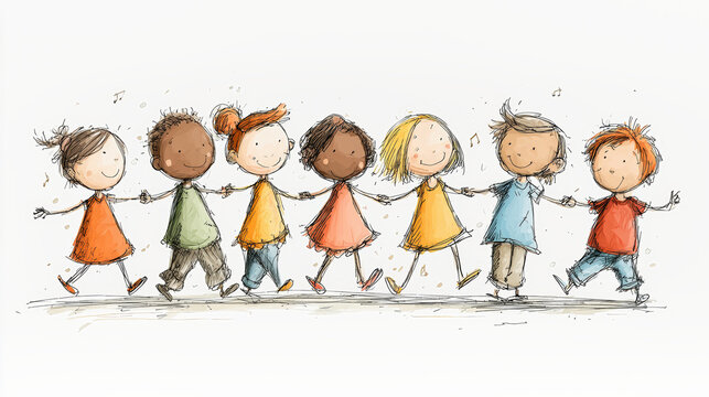 Children smile and dance in pairs holding hands. They represent different backgrounds and enjoy a lively, fun time together in a cheerful scene