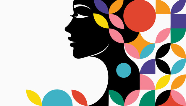 Flat abstract illustration of female profile with colorful shapes representing hormonal imbalance and pcos awareness concept