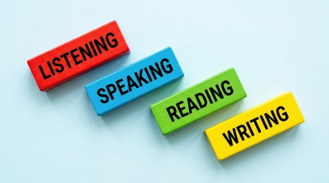 Colorful wooden blocks spell out the four essential language skills listening speaking reading and writing on a light blue background