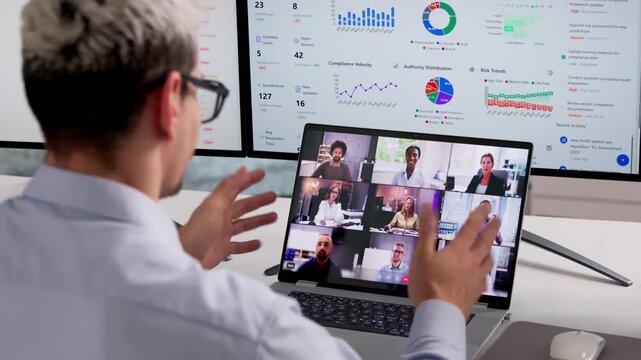 Compliance Office In Video Call With Compliance And GRC Apps Open