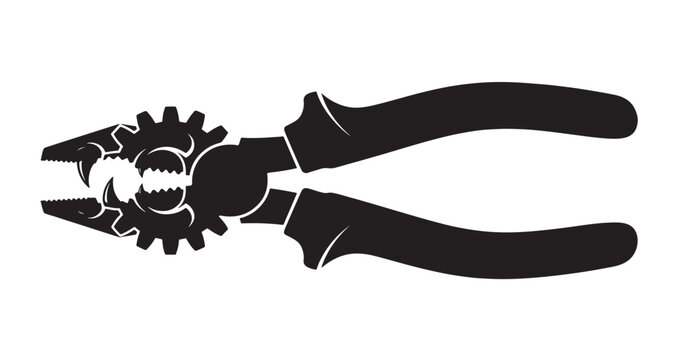 Gear Fang Pliers Silhouette vector graphic design featuring a stylized pair of pliers merged with mechanical gear teeth elements forming a unique industrial symbol suitable for construction hardware.