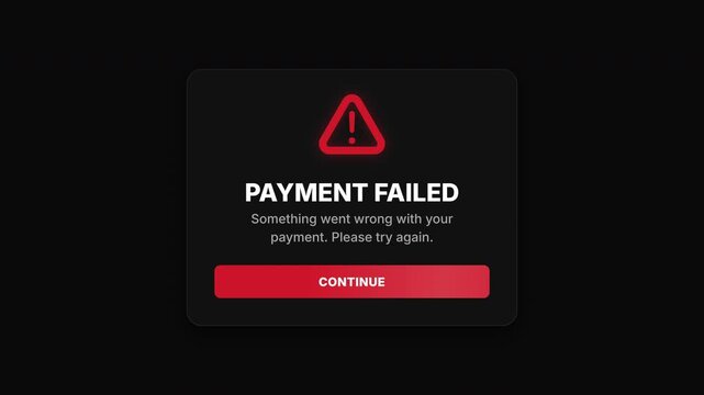 Payment failed error UI animate screen. Red warning triangle alert popup display. Dark modal card finance app interface. Continue button retry digital design. Fintech transaction business concept.
