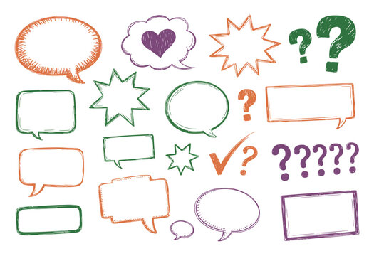 Collection of Hand-Drawn Speech Bubbles, Question Marks, and Checkmarks