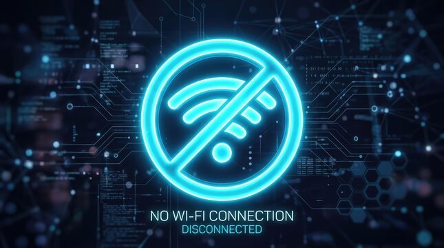 Glowing neon no WiFi symbol indicates a lost internet connection against a futuristic digital background