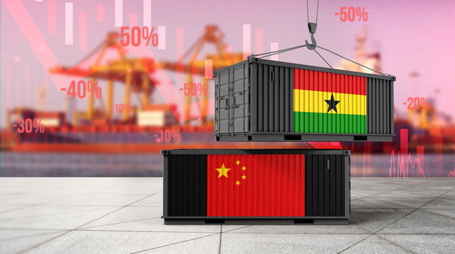 Trade Dynamics: Illustrative depiction of two shipping containers, one representing Ghana and the other China, suspended over a harbor landscape, conveying concepts of international trade, economics.
