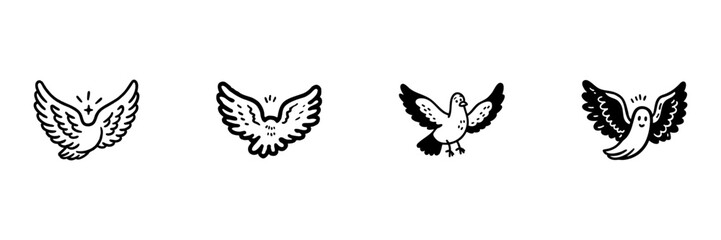 Fototapeta premium Flying Birds And Winged Creatures In Hand Drawn Style Set. Freedom, Peace, And Spirituality Doodle Sketch Collection. Whimsical And Playful Designs. Isolated Vector Illustration