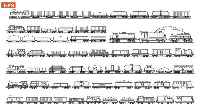 Detailed illustration of various train types and cargo carriages in a row.