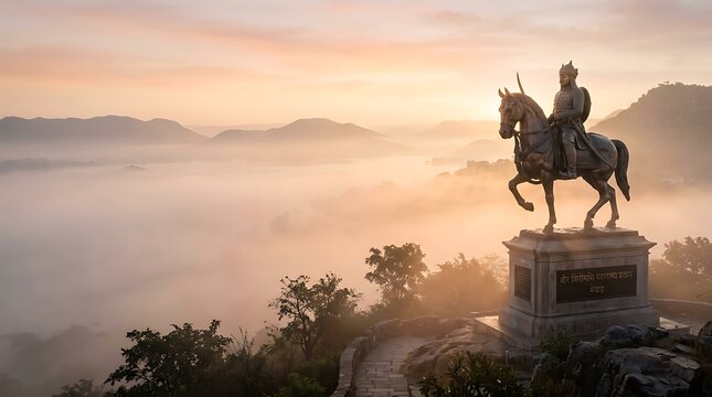 Maharana Pratap Bronze Statue at Sunrise with Misty Valley Udaipur