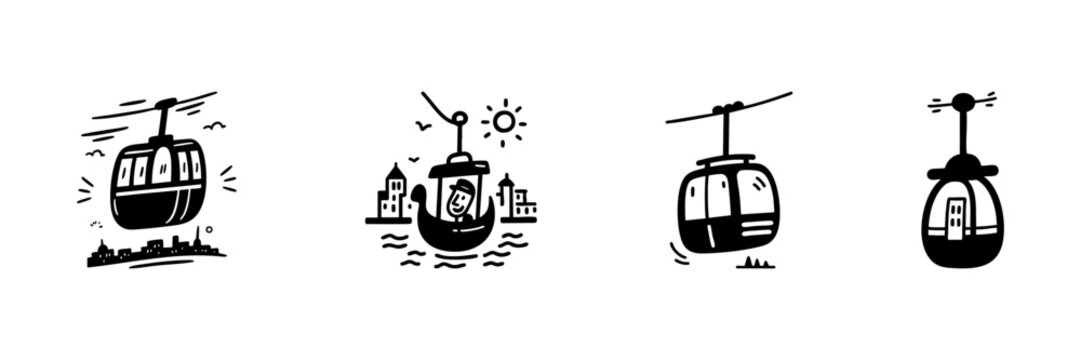 Cable Car Gondola Icons In Hand Drawn Style Set. Urban Transportation, Scenic Aerial Views, City Commuting Doodle Sketch Collection. Travel And Tourism. Isolated Vector Illustration
