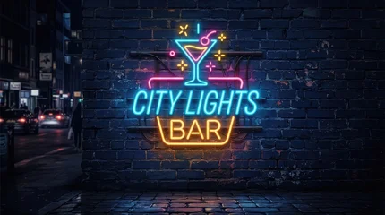 Wandcirkels Bar A colorful neon City Lights Bar sign with a cocktail glass glows brightly on a dark brick wall at night in an urban setting  © Mudassir