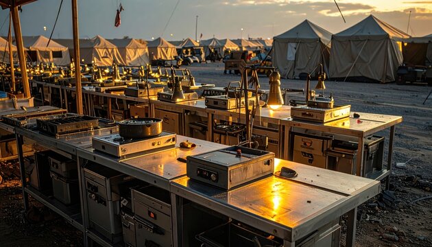 Rows of professional field kitchens set up in a large military base at sunset, ready for logistical food service operations during an active deployment or emergency relief mission.