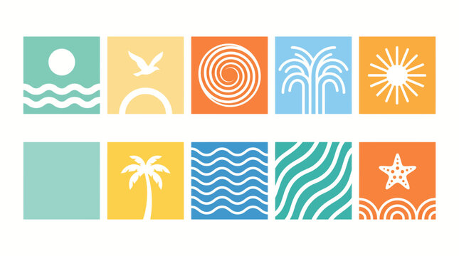 Tropical beach icon set with waves, palm trees, sun, and spiral patterns in pastel colors - flat vector illustrations for summer design