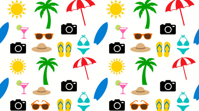 Seamless beach vacation pattern with sun, palm trees, sunglasses, cameras, flip-flops, umbrellas and surfboards.
