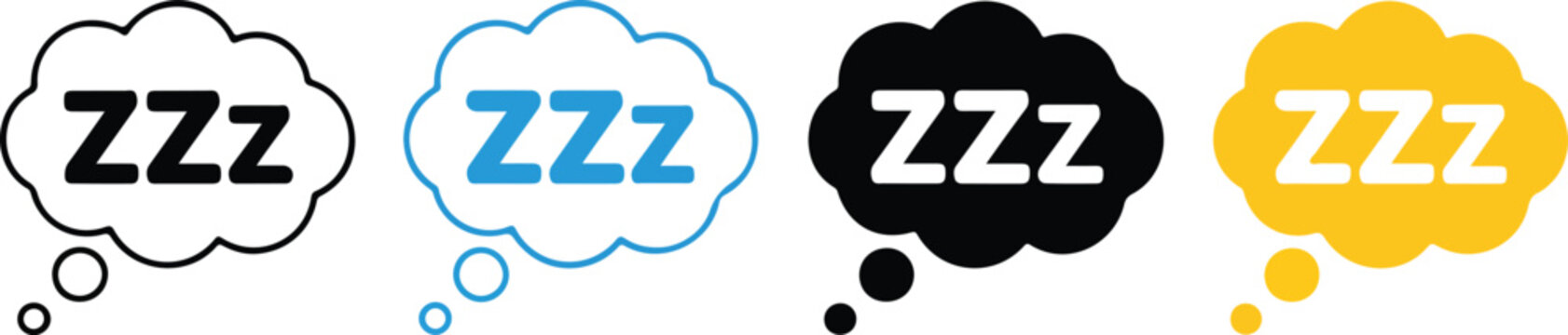 Sleep zzz thought bubble icon set with four colorful dream symbols isolated on white background for bedtime relaxation health and rest concept.