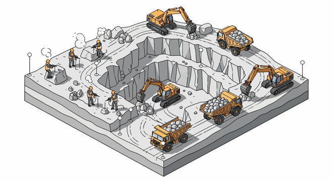 Isometric vector illustration depicts a coal mine operation with mine workers operating heavy machinery to extract resources, set against a clean white background with a detailed design