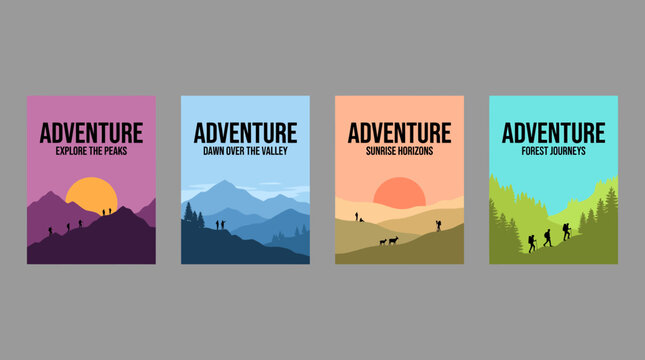 Set of four adventure poster covers featuring minimalist mountain silhouettes in purple, blue, orange, and green color schemes