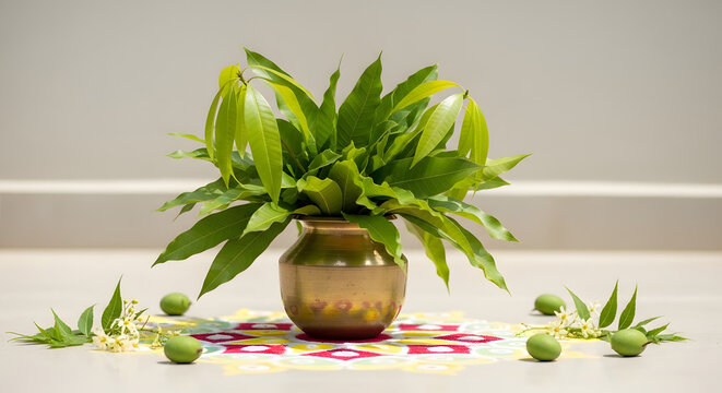 Authentic South Indian Ugadi setup with kalash placed on stone floor, mango leaves, neem flowers, raw mangoes, temple vibe lighting, soft focus background