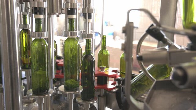 Wine bottles moving on a conveyor bottling line machine
