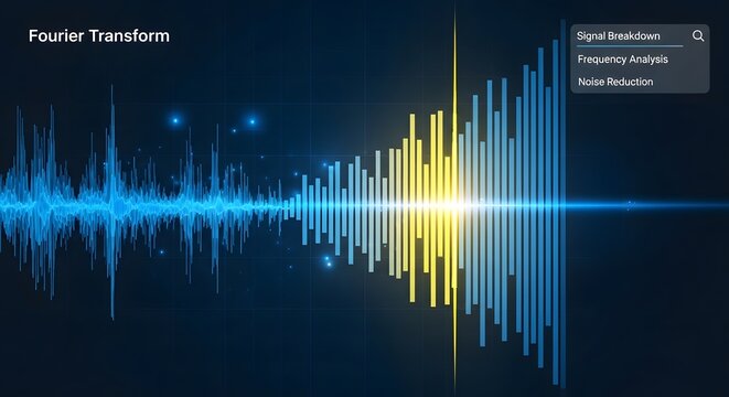 Fourier transform analysis displays complex digital wave patterns on a dark background to visualize signal processing and frequency decomposition for advanced data technology applications.