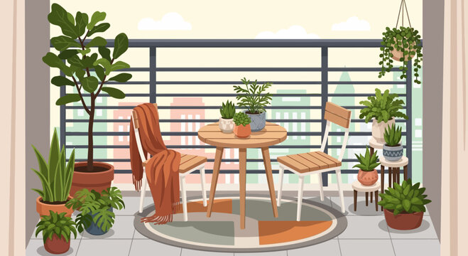Cozy balcony patio, outdoor furniture set, plants on balcony, modern apartment decor, urban oasis
