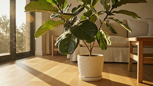Fiddle leaf fig plant in textured pot on wooden floor with golden hour sunset light.
