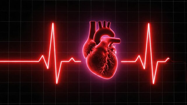 Red heart and ECG waveform against a black grid background.