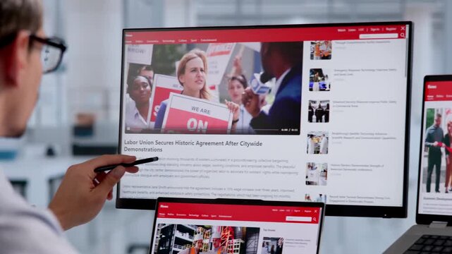 Journalist Reading News Article On Computer
