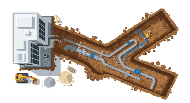 A detailed top-down view of a construction site features a modern building, a yellow excavator, and a complex network of underground utility pipes.