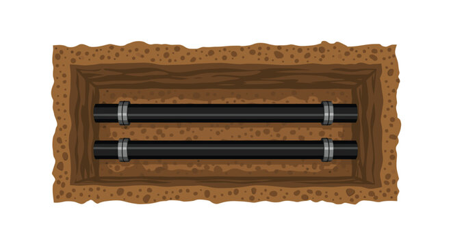 A clean top-down view shows two parallel black industrial pipes with silver connectors laid in a neatly excavated brown dirt trench for utility installation.